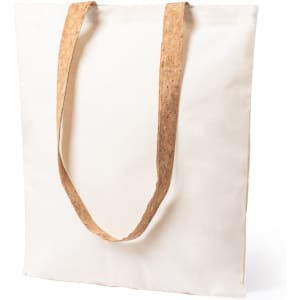 A cream tote bag with cork straps, featuring a simple design and no visible branding.