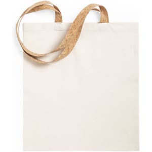 A cream tote bag with cork handles, featuring a simple and minimalist design. It has a logo on one side.