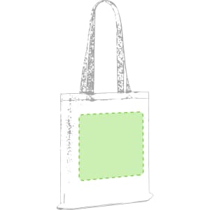 A tote bag with long handles, featuring a green square accent, and a simple, minimalist design.