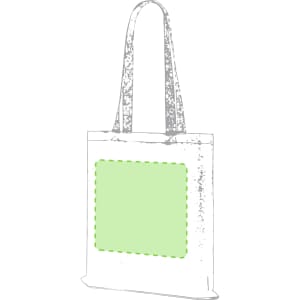 A tote bag in white with long handles, featuring a green blank area on the front and a branding logo.