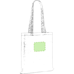 A tote bag in a light beige colour featuring long handles and a green rectangular area for branding.