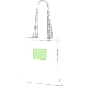 A white tote bag with long handles and a rectangular green patch. The bag features a logo.