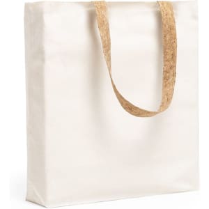 A white tote bag with a textured brown handle and a simple design. It features a logo on one side.