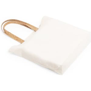 A cream tote bag with cork handles and a square shape. It features a simple design and no visible branding.