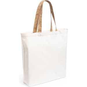 A white tote bag with textured cork handles, featuring branding on the surface.