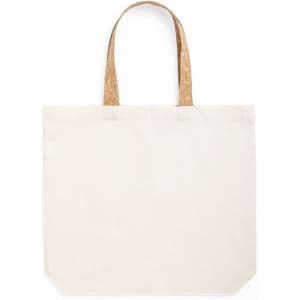 A beige tote bag with brown handles, featuring a simple design and no visible logos.