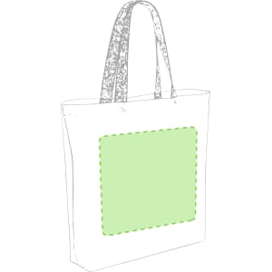 A tote bag with a white exterior and patterned handles, featuring a green blank area for customization and a logo.
