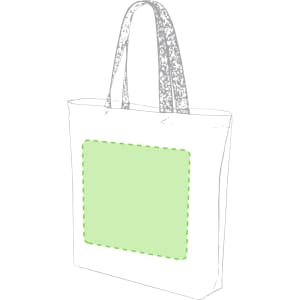 A tote bag featuring a simplistic design with a green rectangular area and two long handles. It has a logo.