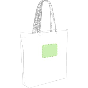 A light-coloured tote bag with patterned handles and a green square area for branding or decoration.