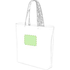 A tote bag in a simple design with two handles and a green accent area. It has a logo.