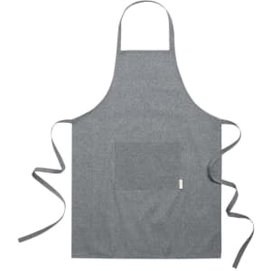 A grey apron with a pocket and ties on either side, featuring a logo.