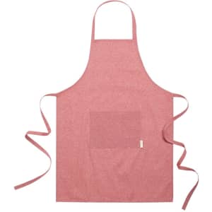 A pink apron with a front pocket and long ties, featuring a logo on the side.