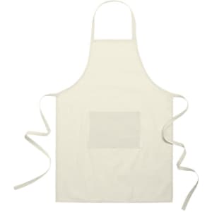 A plain cream apron with a pocket and long ties, featuring a simple branding logo.