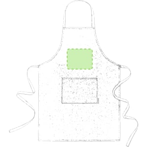 A white apron featuring a central pocket and ties, with a logo on the front.