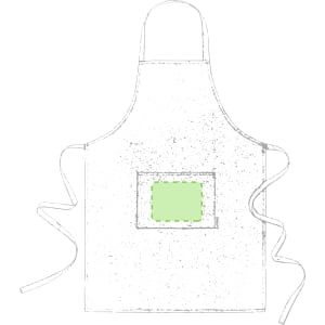 A green apron with a front pocket and ties, featuring a simple design and no additional patterns or logos.