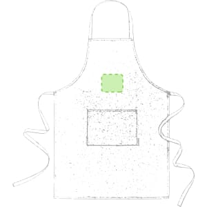 A plain apron in white featuring a front pocket and a branding logo area highlighted in green.