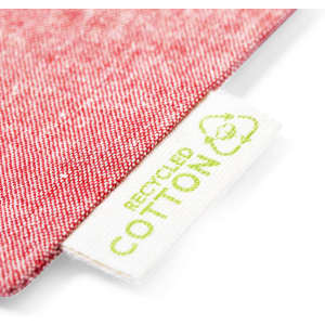 A red toiletry bag with a tag indicating it is made from recycled cotton, featuring a logo.