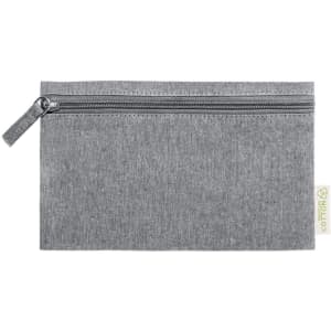 A grey toiletry bag with a zip closure and a small logo tag. Simple and stylish design.