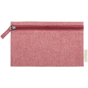 A pink toiletry bag with a zip closure, made from textured fabric, featuring a small logo tag.