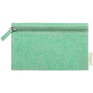 A green toiletry bag with a zip closure and a branding tag. Simple and sleek design for storing essentials.
