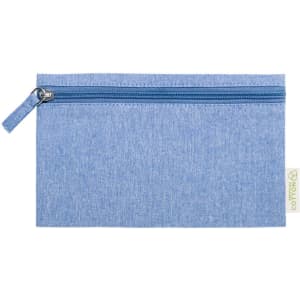 A blue toiletry bag with a zip closure and a branding tag. The fabric has a textured appearance.