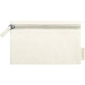 A cream-coloured toiletry bag with a zipper, featuring a small logo on the side.