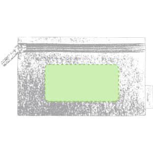 A toiletry bag in grey with a translucent green patch and a zip closure, featuring a logo.