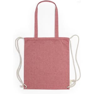 A red drawstring bag with beige cord straps and a logo on the front.