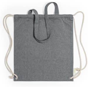 A grey drawstring bag with two straps and a natural-coloured cord, featuring a logo.
