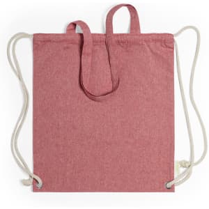A red drawstring bag with cream-coloured cords and two fabric handles. Features a logo on the side.
