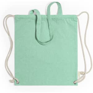 A mint green drawstring bag with two shoulder straps and a logo.