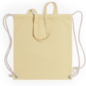 A yellow drawstring bag with two handles and rope strings, featuring a logo.