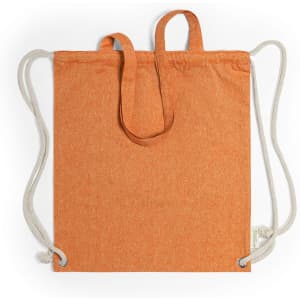 An orange drawstring bag with a textured finish and two looped handles. It features a logo on the side.