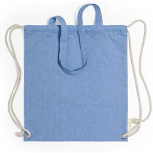 A blue drawstring bag with beige cords and two top handles. It features a logo on one side.