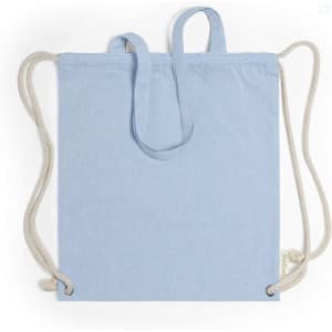 A light blue drawstring bag with two straps and a textured fabric. It features a logo on the side.