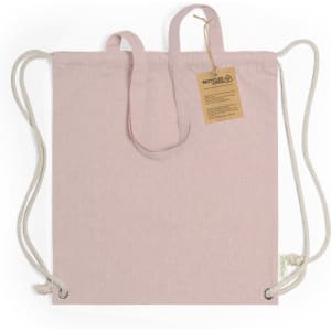 A pink drawstring bag with natural rope handles, featuring a tag and an unbranded design.