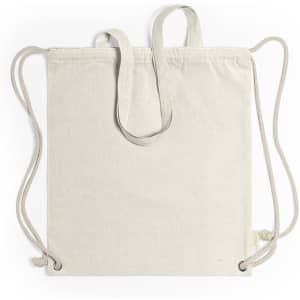 A beige drawstring bag with two straps and a textured fabric, featuring a logo on the side.
