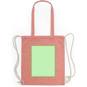 A red drawstring bag with light green space for customisation, featuring shoulder straps and a logo.