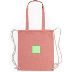 A pink drawstring bag with light green square, featuring light coloured drawstrings and two handles.