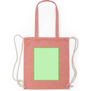 A pink drawstring bag featuring a green framed area, with cream-coloured drawstrings and straps. It has a logo.