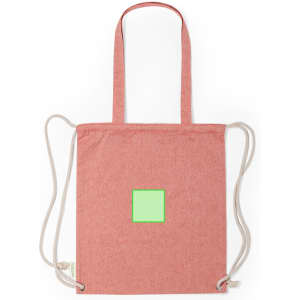 A red drawstring bag with light grey cord straps and a solid green square on the front.