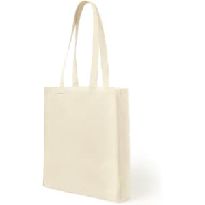 A cream-coloured tote bag with long handles and a simple design. It features a logo on one side.
