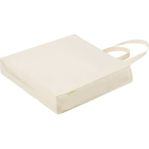 A cream-coloured tote bag with a flat design and two shoulder straps, featuring a logo.