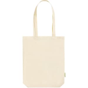 A beige tote bag with two long handles and a simple design, featuring a branding logo.