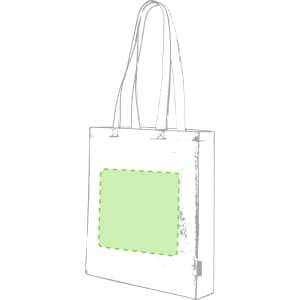 A tote bag featuring a green outline for customization, with two long handles and a sturdy design.