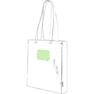 A tote bag in a simple design featuring long handles and a branding area, primarily in a light colour.