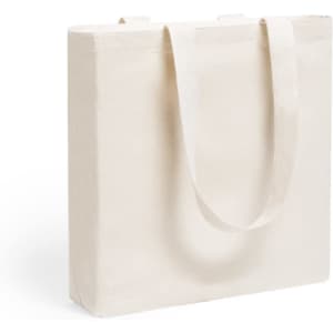 A cream-coloured tote bag with two handles and a simple design, featuring a logo on one side.