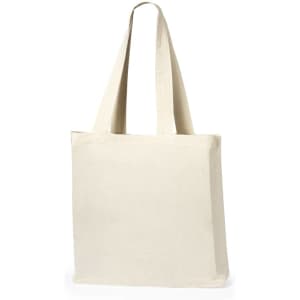 A cream tote bag with long handles and a simple, unembellished design. It has a logo on one side.