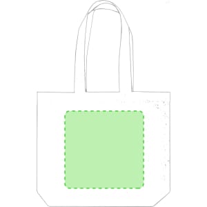 A white tote bag with green accents, featuring a large central area and two handles. It has a logo.