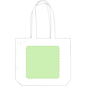 A white tote bag with light green graphic detail in the centre and two handles. It features a branding logo.